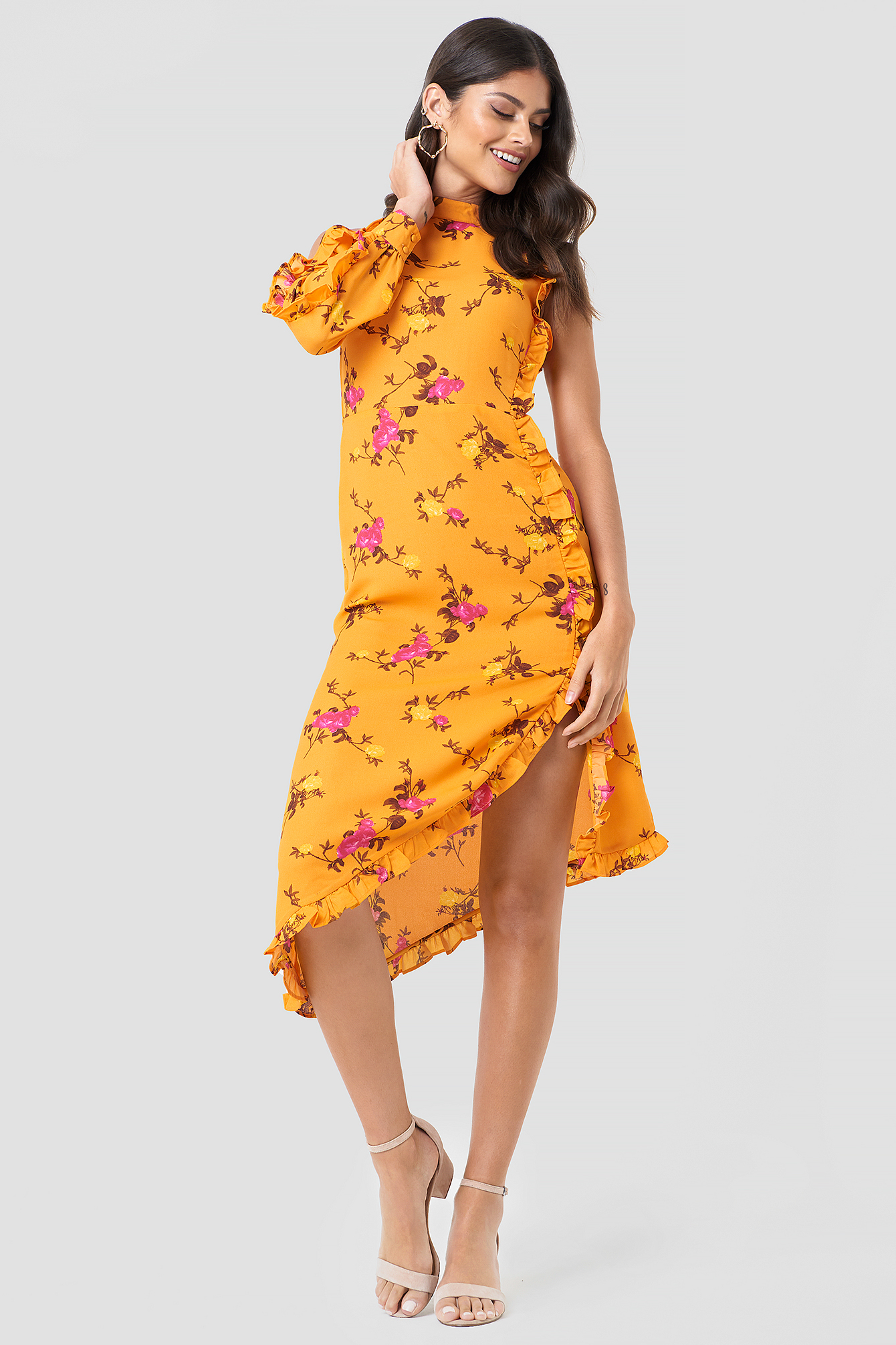 One Sleeve High Neck Frill Dress NA-KDLOUNGE.DE